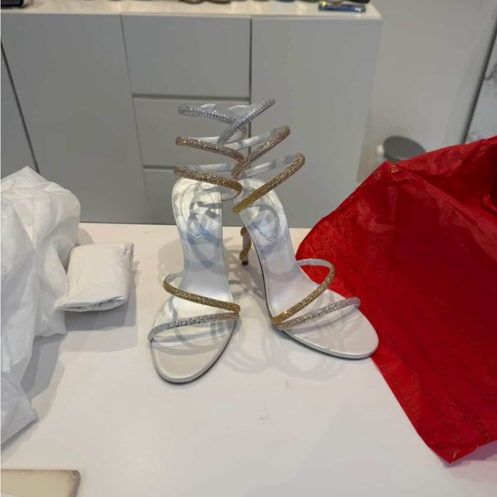 Rene Caovilla White Strappy Crystal Wrap-Heel Sandals with Gold & Silver Accents